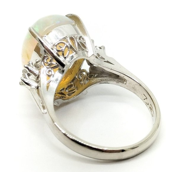 Genuine 7.2 CT Opal Stone + Diamonds White Platinum 900 Gold Ring US Sz 5.75 - Picture 8 of 14